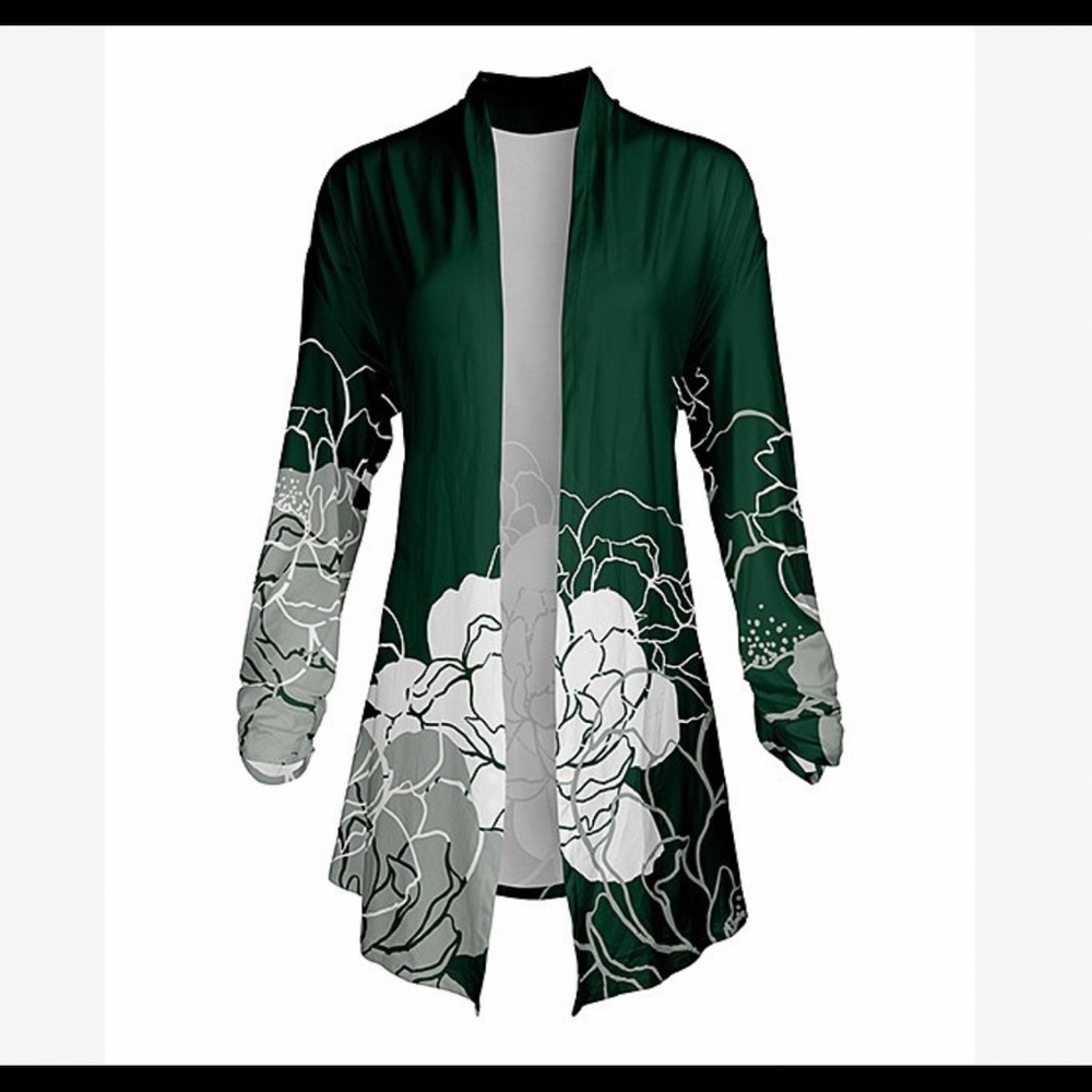Lily Green and Gray Floral Ruched-Sleeve Open Cardigan
